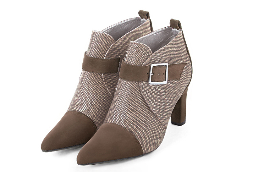Women's chocolate brown and tan beige elegant ankle boots, with buckles at the front. Tapered toe. High kitten heels - Front view